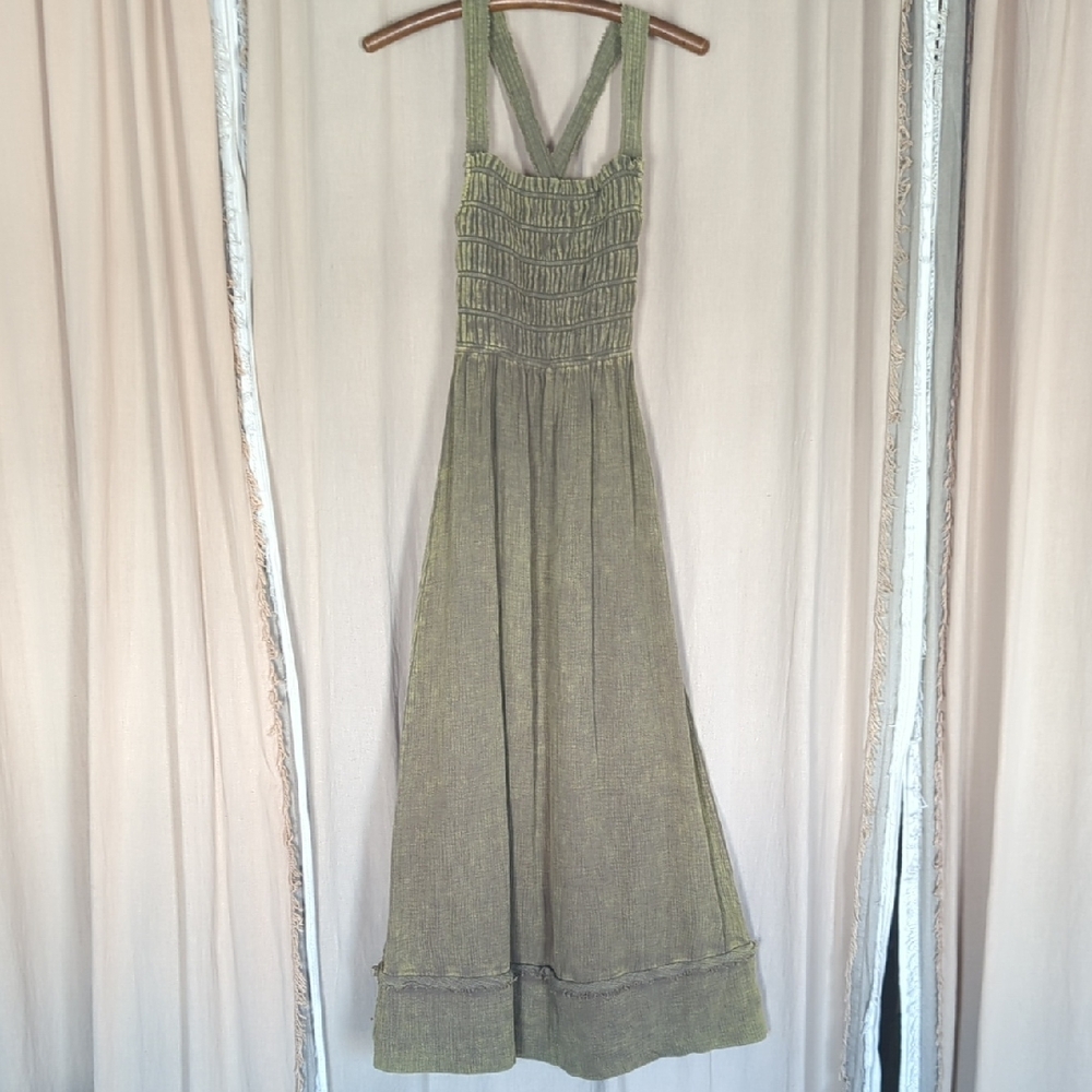 Kori Olive Mineral Acid Wash Textured Knit Raw Hem Criss-cross Back Maxi Dress